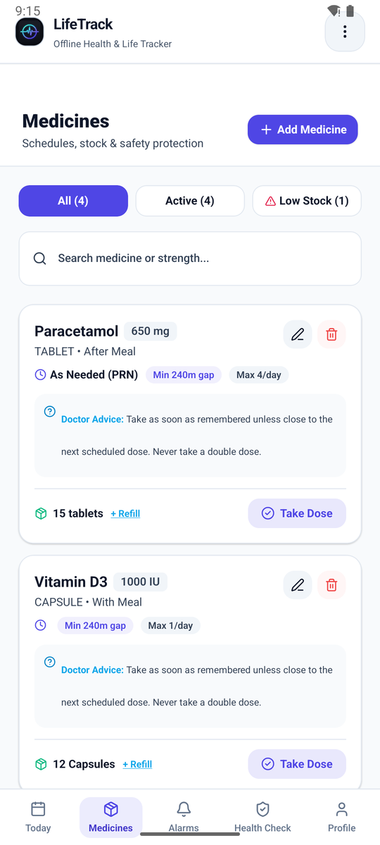 Medicines list with stock levels, dose gap and daily limits