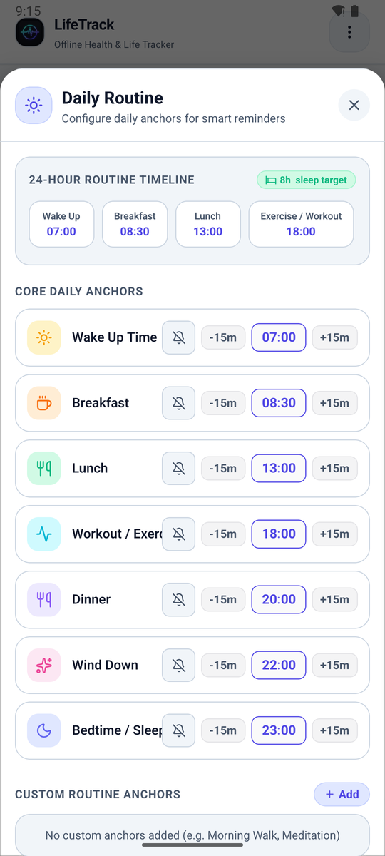 Daily routine: wake, meals, workout, sleep anchors