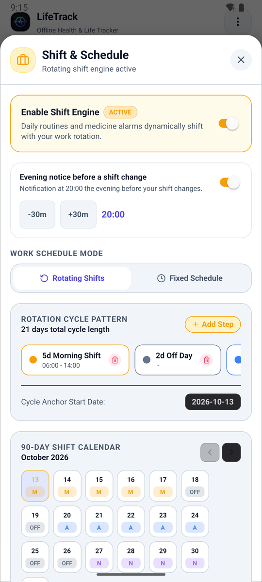 Rotating shift schedule with a 90-day calendar