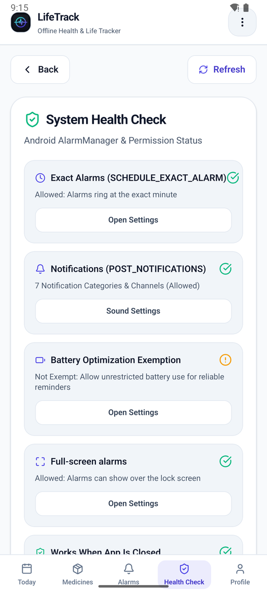 Health Check: alarm, notification and battery permissions