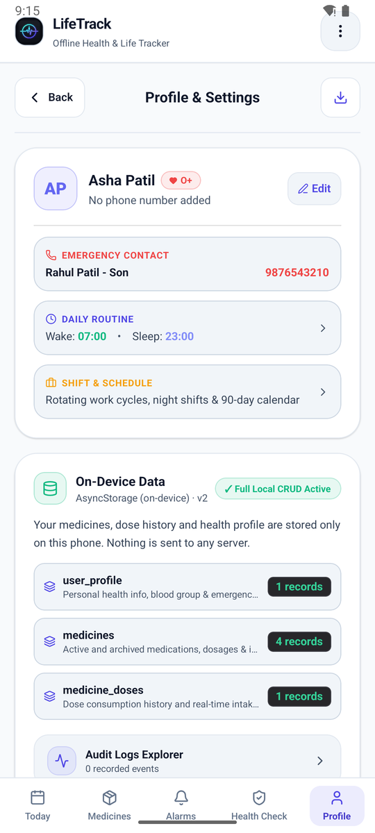 Profile: emergency contact, blood group, on-device data